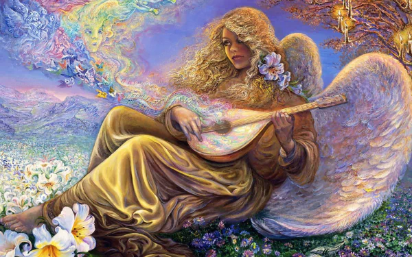 A serene fantasy scene featuring an angel with flowing hair playing a lute among vibrant flowers, surrounded by ethereal colors, creating a captivating HD desktop wallpaper.