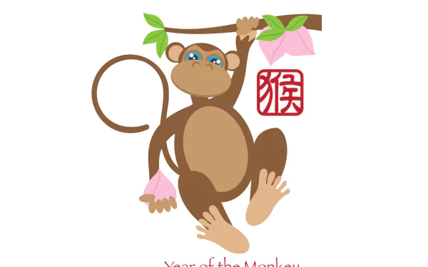 Cartoon monkey hanging from a branch with pink blossoms and a red Chinese seal, Year of the Monkey holiday Chinese New Year 4K Ultra HD PC desktop wallpaper background