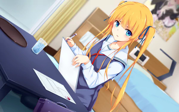 A blonde girl with twintails and blue eyes sits at a desk, writing on paper, with a glass of water nearby. This HD wallpaper features Eriri Spencer Sawamura from Saekano: How to Raise a Boring Girlfriend.