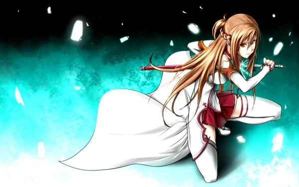 HD desktop wallpaper showcasing Asuna Yuuki from Sword Art Online, depicted in a dynamic pose with her sword, set against a blue-green gradient background with floating light particles.