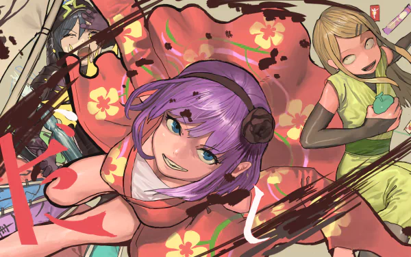 Anime characters Endou Saya and Shidare Hotaru, featuring vibrant purple and blonde hair, smile playfully in stylish outfits, surrounded by fun snacks. A colorful HD wallpaper from Dagashi Kashi.