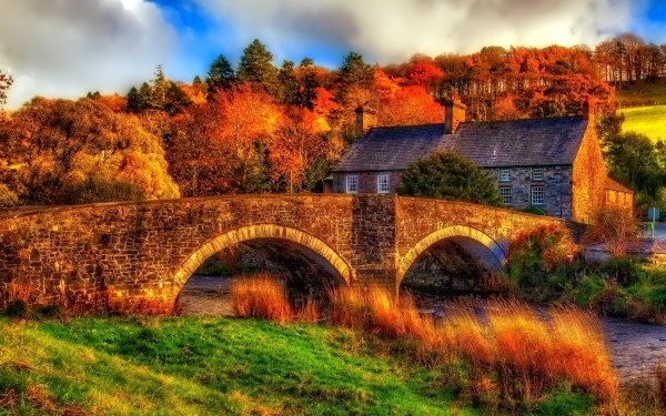 Photography HDR Man Made House Wales United Kingdom Bridge River Grass Fall HD Wallpaper | Background Image