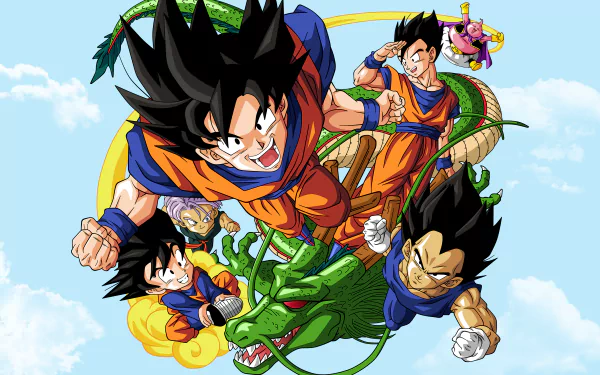 A vibrant HD desktop wallpaper featuring Goku, Vegeta, Gohan, Trunks, and Goten from Dragon Ball Z, with the characters in dynamic poses against a bright sky backdrop.