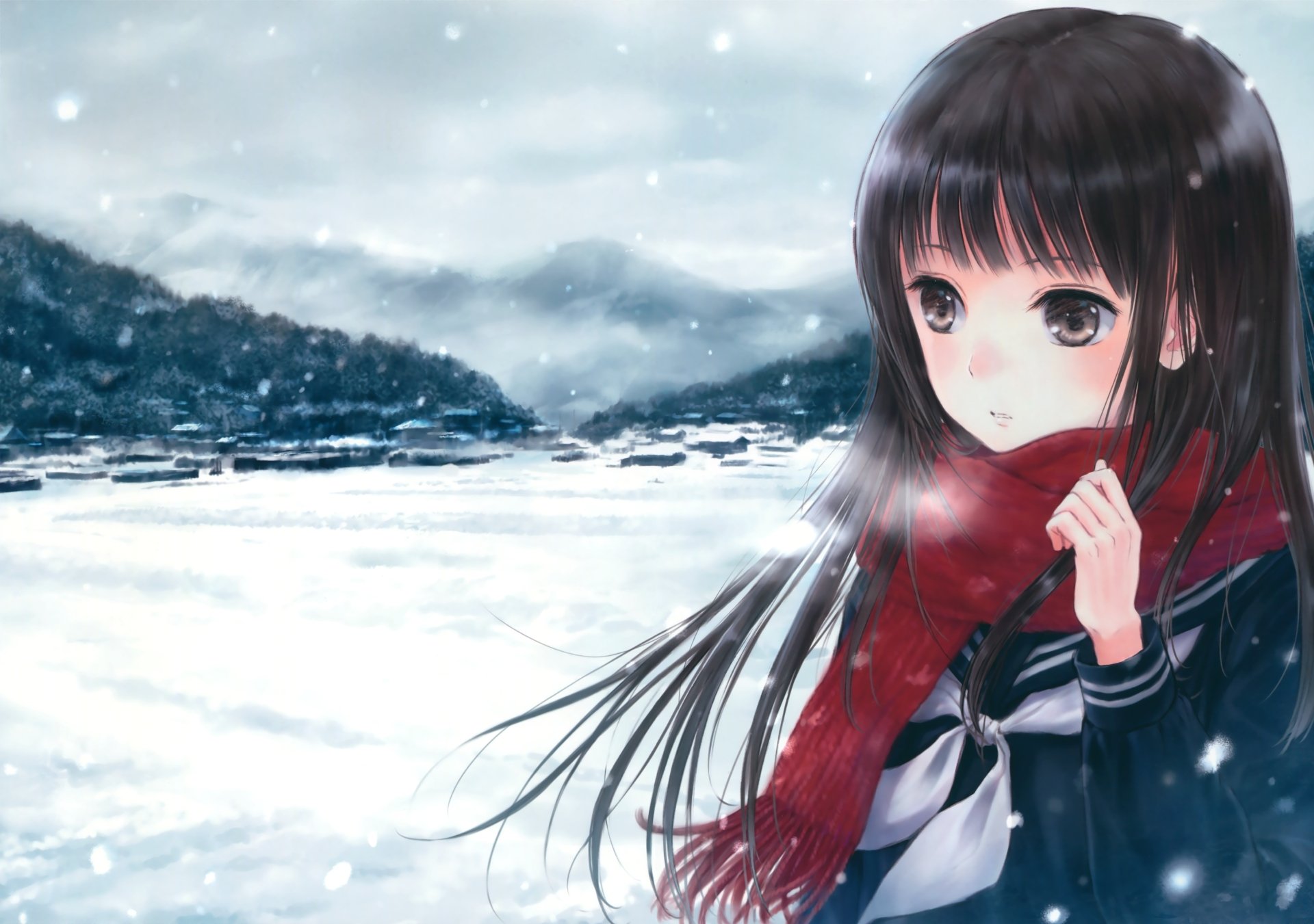 A young girl in a school uniform with long black hair and black eyes stands in a snowy mountain landscape, wearing a bright red scarf as snow gently falls around her.