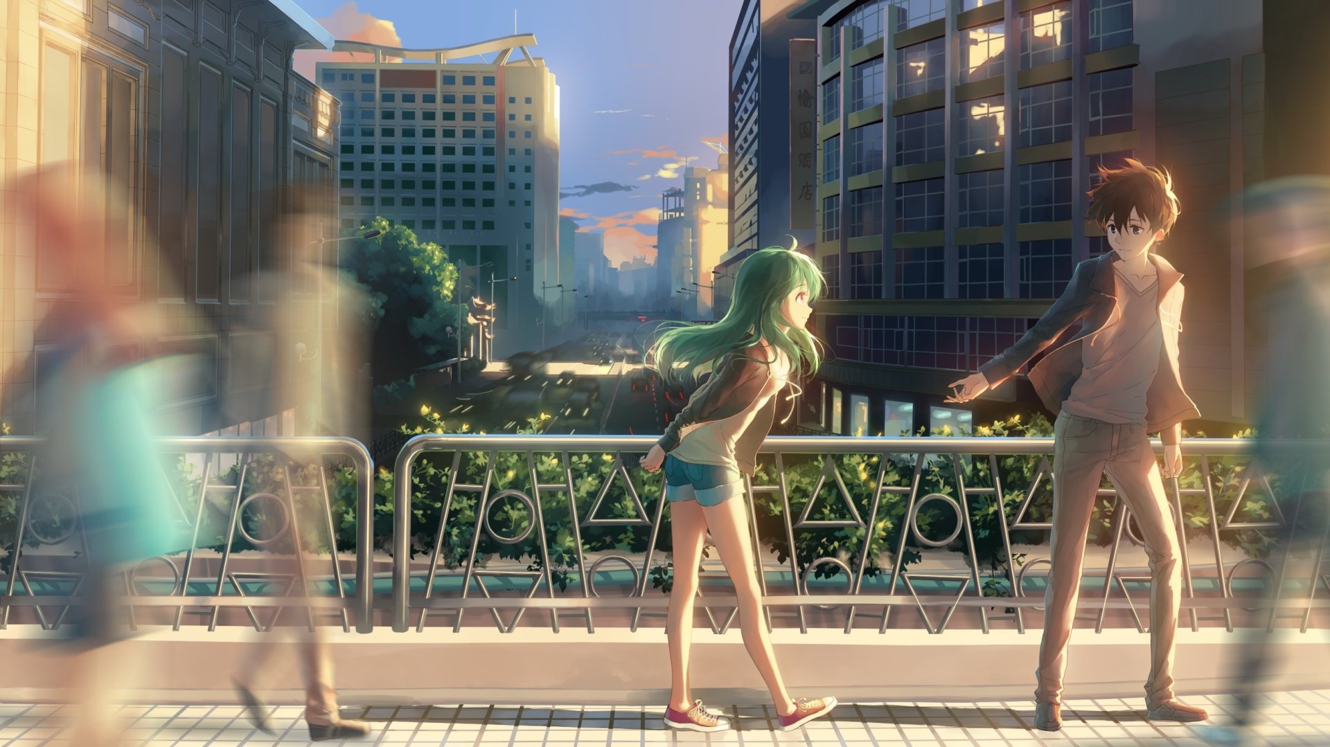 An anime-inspired city scene depicts a girl with green hair and a boy reaching out on a bustling street, surrounded by modern buildings and a vibrant sunset backdrop. HD wallpaper quality.