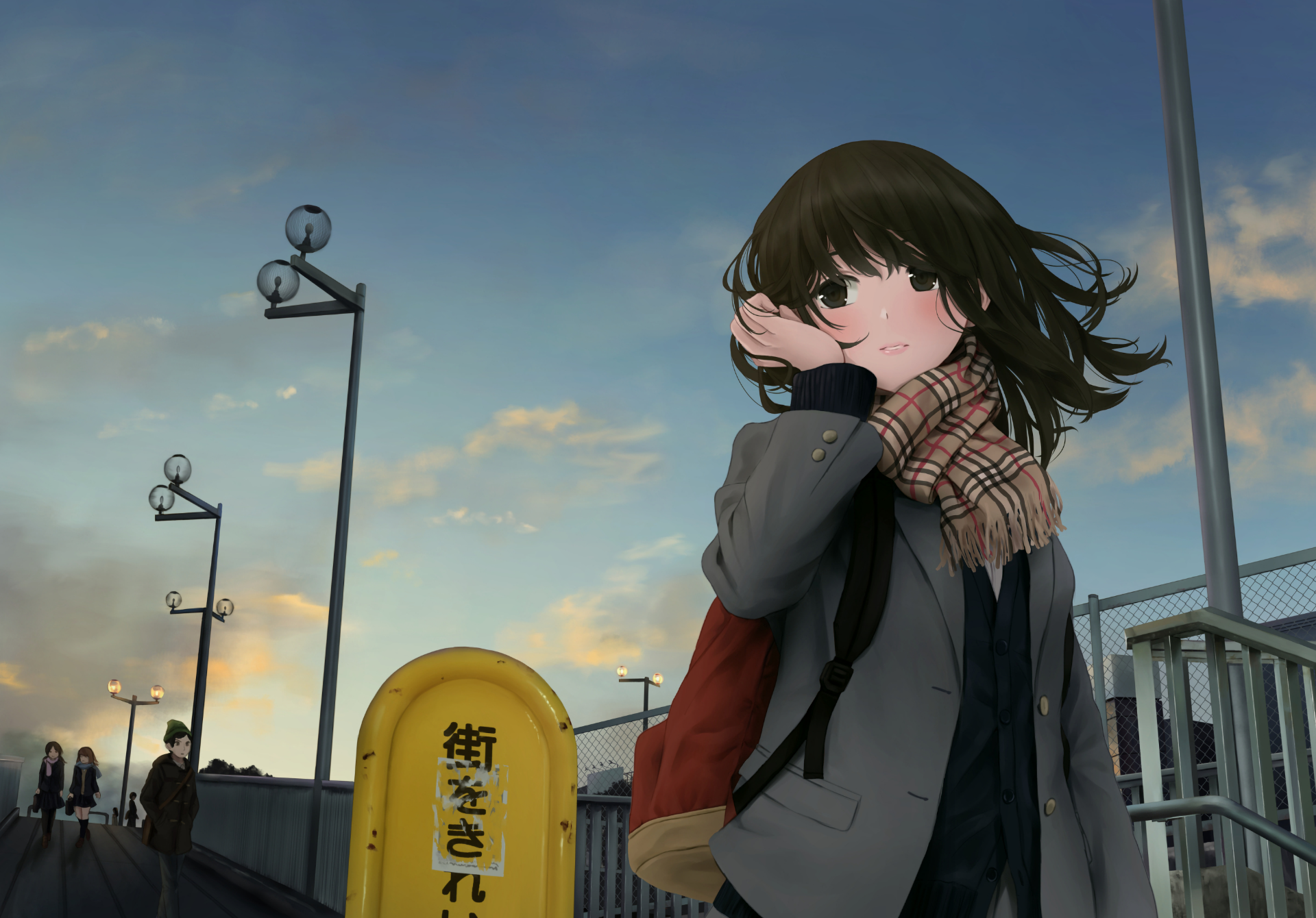 Anime original HD PC desktop wallpaper/background: windswept girl in a scarf on a bridge at dusk, smiling toward viewer with city lamps and a yellow post behind her.