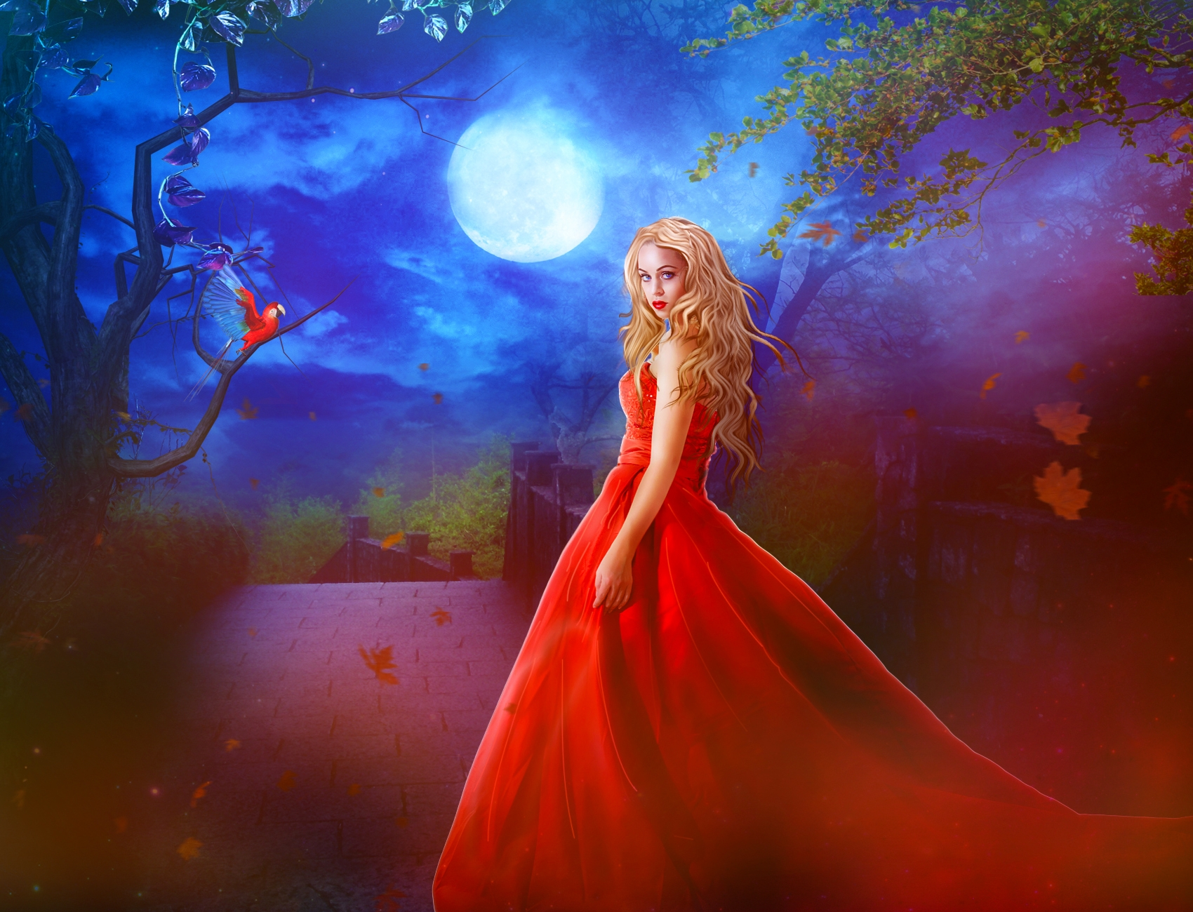 A blonde woman with blue eyes in a flowing red dress stands under a bright moonlit night, accompanied by a colorful parrot amid a fantasy-inspired backdrop.
