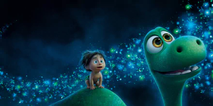 HD desktop wallpaper featuring characters from the movie The Good Dinosaur. A small boy sits on the back of a green dinosaur, with glowing blue lights in the background.