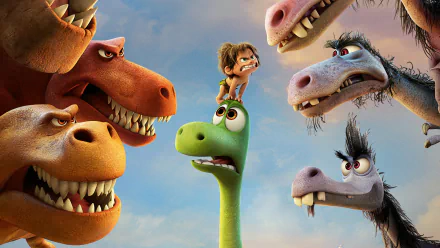 HD desktop wallpaper from the movie The Good Dinosaur featuring a young boy on a green dinosaur surrounded by various other dinosaurs, set against a sky background.