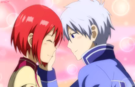 Zen Wistalia Clarines and Shirayuki from Snow White with the Red Hair share a tender moment in this colorful HD anime wallpaper, capturing their close bond and vibrant emotions.