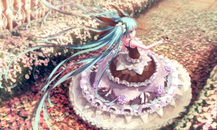 HD desktop wallpaper featuring Hatsune Miku with blue hair styled in twintails, wearing a detailed dress in a garden setting. Anime, Vocaloid, long hair.