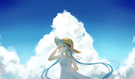 HD anime desktop wallpaper featuring Hatsune Miku from Vocaloid, wearing a white dress and wide-brimmed hat against a bright blue sky with fluffy clouds.