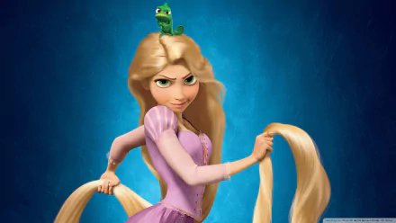 HD PC desktop wallpaper featuring Rapunzel and Pascal from the movie Tangled against a blue background.
