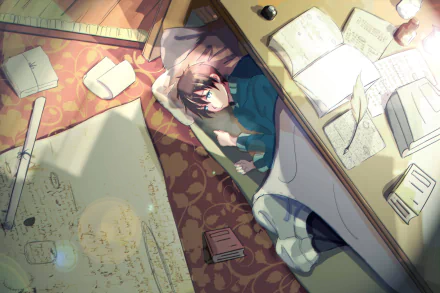 A character from Snow White with the Red Hair relaxes on the floor surrounded by scattered books and papers, set in a cozy, well-lit room, perfect for an HD wallpaper.