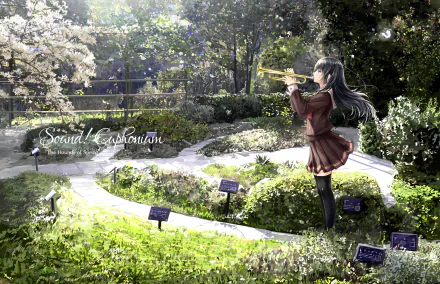 A vibrant HD wallpaper featuring Reina Kousaka from *Sound! Euphonium*, playing a trumpet in a serene garden surrounded by lush greenery and blooming flowers.