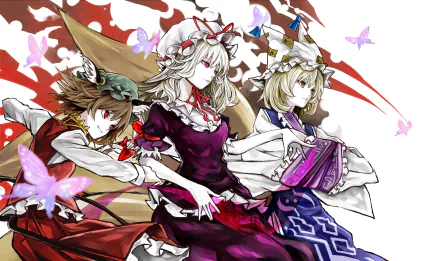 HD anime desktop wallpaper featuring Touhou characters Yukari Yakumo, Ran Yakumo, and Chen with vibrant colors and butterfly motifs.