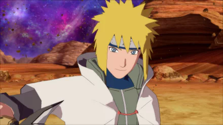 Minato Namikaze from Naruto Shippuden: Ultimate Ninja Storm 4, depicted in a dynamic pose against a vibrant cosmic background, making for an engaging HD desktop wallpaper.