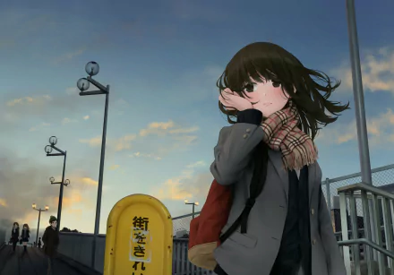 Anime original HD PC desktop wallpaper/background: windswept girl in a scarf on a bridge at dusk, smiling toward viewer with city lamps and a yellow post behind her.