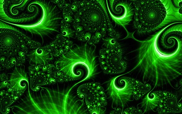 A vibrant, psychedelic abstract design featuring intricate green fractals on a dark black background, creating a trippy and captivating visual experience for a desktop wallpaper.