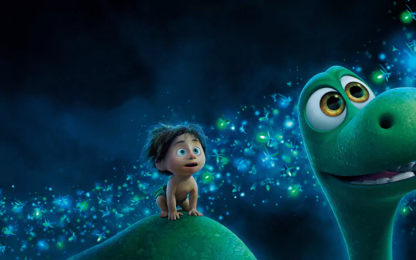 HD desktop wallpaper featuring characters from the movie The Good Dinosaur. A small boy sits on the back of a green dinosaur, with glowing blue lights in the background.