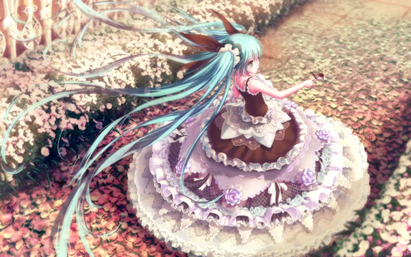 HD desktop wallpaper featuring Hatsune Miku with blue hair styled in twintails, wearing a detailed dress in a garden setting. Anime, Vocaloid, long hair.