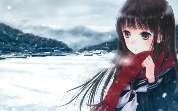 A young girl in a school uniform with long black hair and black eyes stands in a snowy mountain landscape, wearing a bright red scarf as snow gently falls around her.