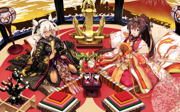 HD anime desktop wallpaper featuring Yamato and Musashi from Kantai Collection in elaborate traditional attire, set against a vibrant festive backdrop.