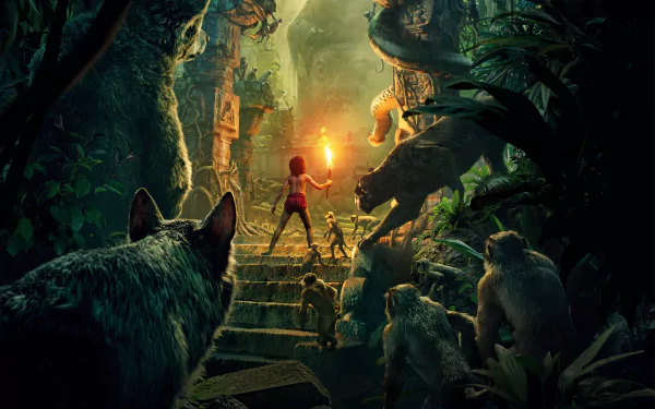 A vibrant HD wallpaper from The Jungle Book (2016), featuring a young girl illuminated by a torch amidst a lush jungle, surrounded by various animals in a mystical setting.
