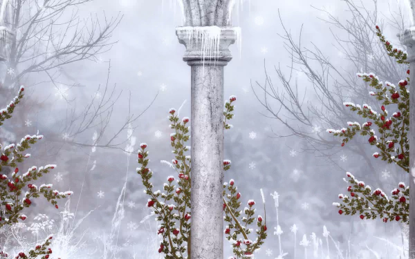 A red rose blooms amid snowy branches surrounding an ancient white column, captured in a detailed 4K Ultra HD winter scene wallpaper.