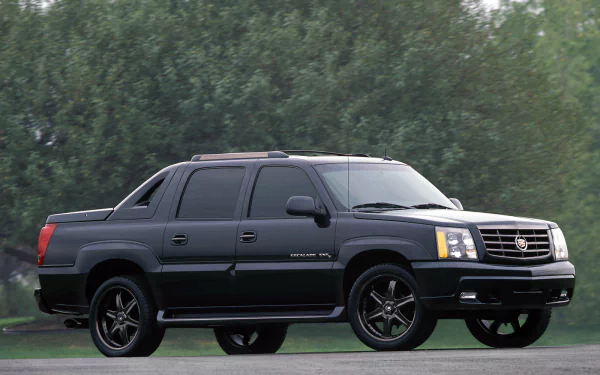 HD desktop wallpaper featuring a black Cadillac Escalade parked in front of lush greenery, showcasing the vehicle's sleek design and luxury SUV appeal.