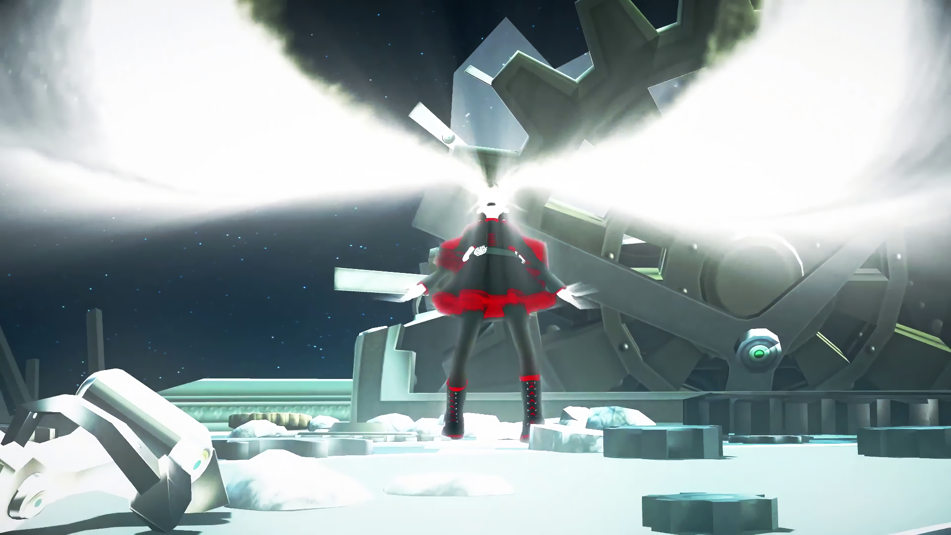 HD PC desktop wallpaper featuring Ruby Rose from the anime RWBY, set against a futuristic backdrop with large mechanical gears and bright light beams.