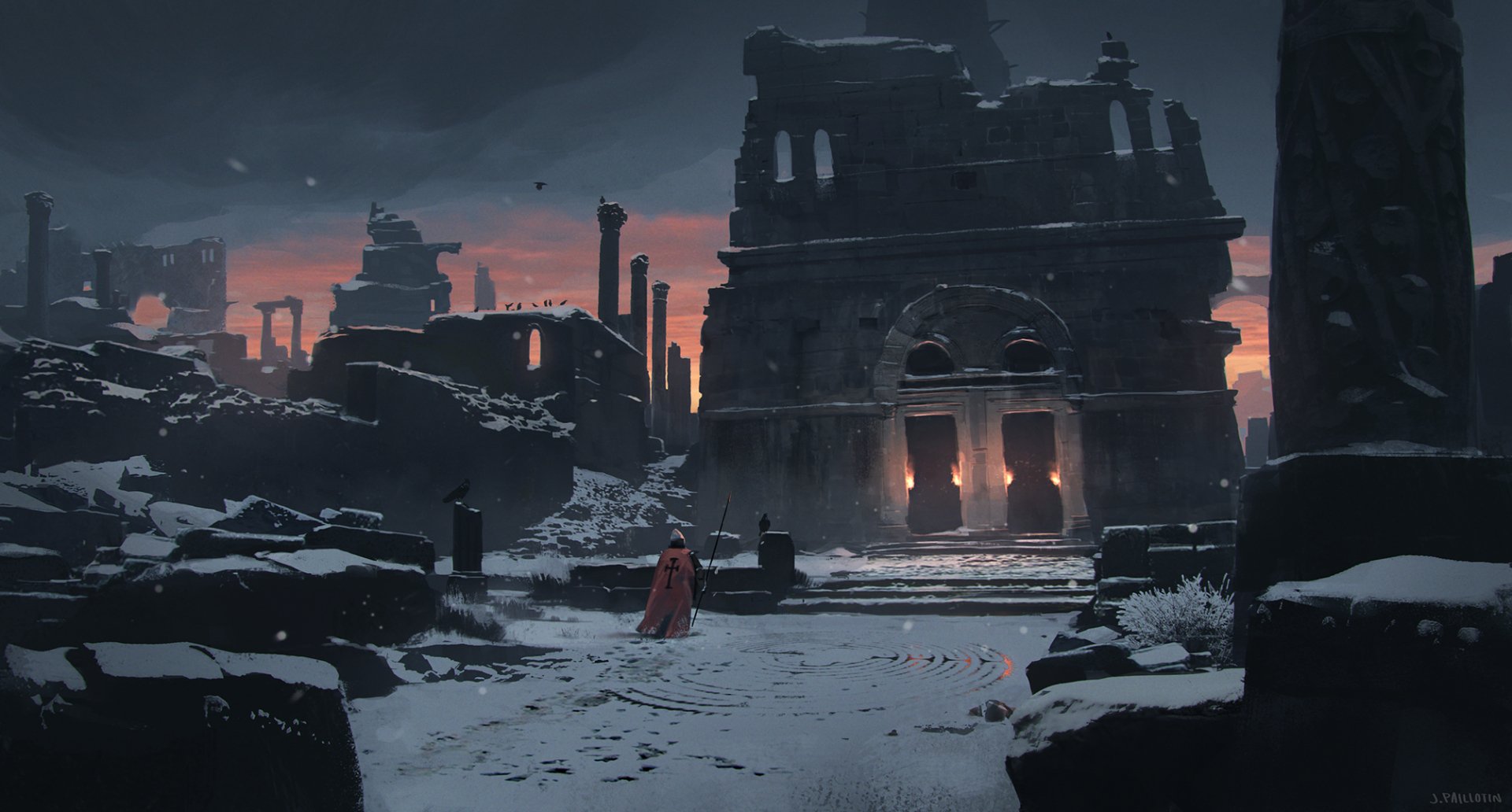A fantasy warrior in a red cloak stands amidst snowy ruins at night, holding a spear, with the dark silhouettes of ancient structures against a twilight sky.