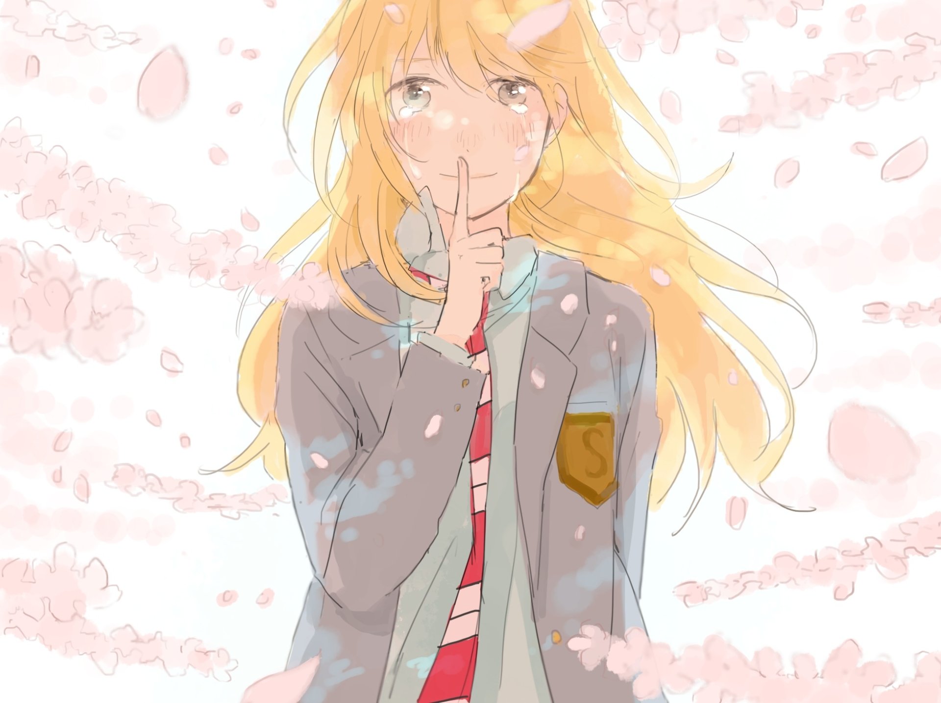 A blonde girl in a school uniform stands amidst cherry blossoms, with tears in her brown eyes and a gentle smile. Inspired by Kaori Miyazono from the anime Your Lie in April.