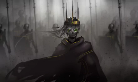 A dark warrior with a skeletal face wears a crown, surrounded by shadowy figures, creating an eerie and powerful atmosphere in this HD PC desktop wallpaper.