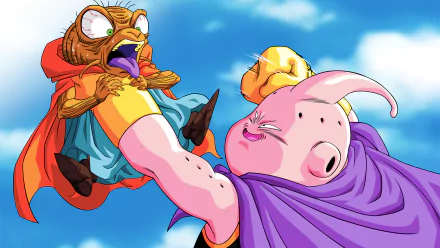HD wallpaper of Majin Buu grabbing Babidi by the neck in the sky, from the anime Dragon Ball Z. Bright and dynamic scene depicting intense action.