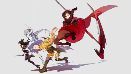 A dynamic HD wallpaper featuring Ruby Rose, Yang Xiao Long, Blake Belladonna, and Weiss Schnee from the anime RWBY, illustrating their fierce and poised characters in action.
