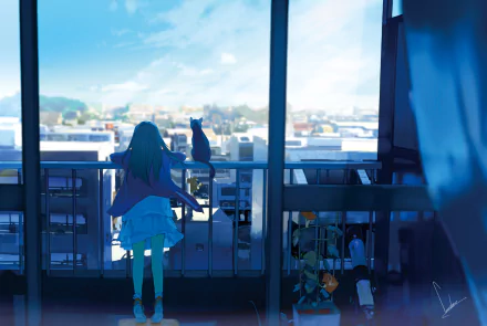 A girl with long hair stands on a balcony next to a cat, overlooking a cityscape in this vibrant, original anime HD wallpaper. The scene captures a serene moment filled with urban beauty.