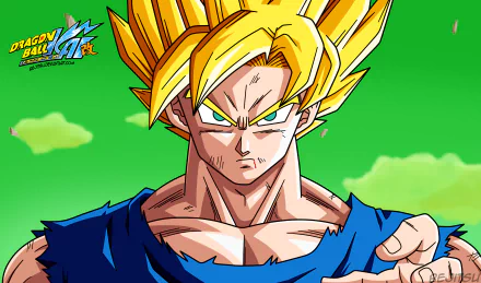 Super Saiyan Goku from Dragon Ball Z Kai, showcasing his iconic yellow hair and intense gaze, set against a vibrant green background in this HD desktop wallpaper.