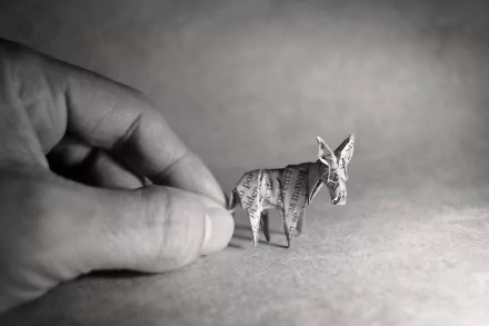 Black and white close-up of a hand holding a small origami donkey, captured as a high-definition PC desktop wallpaper and background.