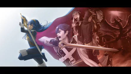 A dynamic HD wallpaper featuring characters from Fire Emblem Awakening, including Chrom, Lucina, Grima, Aversa, Valldar, and an avatar, showcasing their epic battle moments.