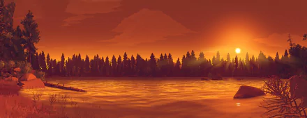 A serene landscape from the video game Firewatch, featuring a vibrant sunset reflected on a calm lake, surrounded by dense pine trees and a colorful sky. HD PC desktop wallpaper.