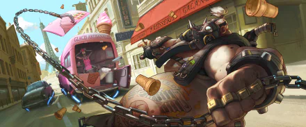 HD wallpaper featuring Roadhog from Overwatch, depicted in front of an ice cream truck, creating a chaotic scene with ice cream cones flying around.