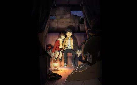 HD desktop wallpaper featuring characters Satoru Fujinuma, Kayo Hinazuki, and Airi Katagiri from the anime Erased (Boku Dake Ga Inai Machi) in a dimly lit, cozy setting.
