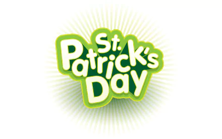 Bright green St. Patrick's Day text with a glowing radial background, designed as an HD PC desktop wallpaper celebrating the holiday.