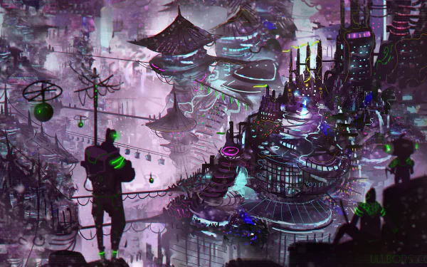 A vibrant fantasy cityscape with glowing lights and futuristic architecture, captured in stunning detail as a 4K Ultra HD PC desktop wallpaper and background.