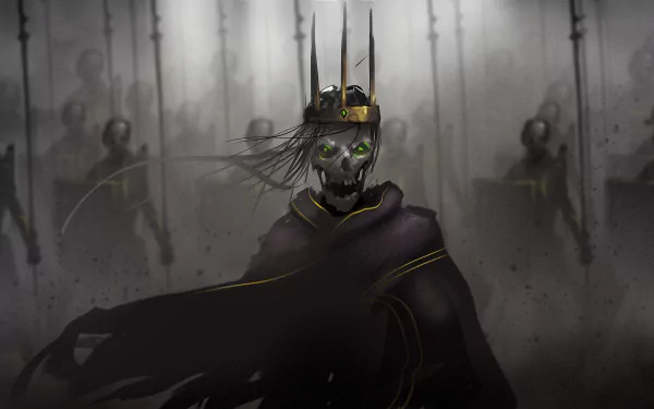 A dark warrior with a skeletal face wears a crown, surrounded by shadowy figures, creating an eerie and powerful atmosphere in this HD PC desktop wallpaper.