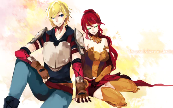 Jaune Arc and Pyrrha Nikos from RWBY sit together, exuding camaraderie against a soft, colorful background. This HD image serves as an engaging desktop wallpaper.