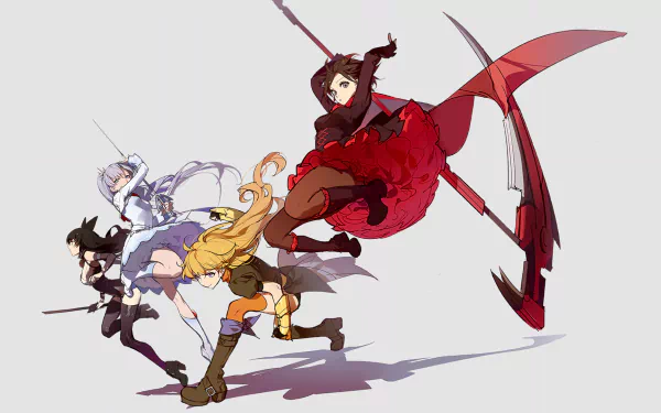 A dynamic HD wallpaper featuring Ruby Rose, Yang Xiao Long, Blake Belladonna, and Weiss Schnee from the anime RWBY, illustrating their fierce and poised characters in action.
