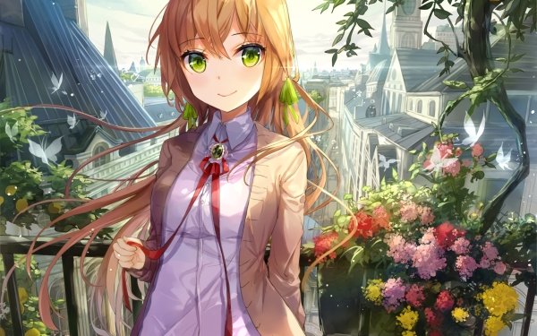 Anime Chica Long Hair Green Eyes Rubia Flor Edificio Mariposa Fondo de pantalla HD | Fondo de Escritorio
