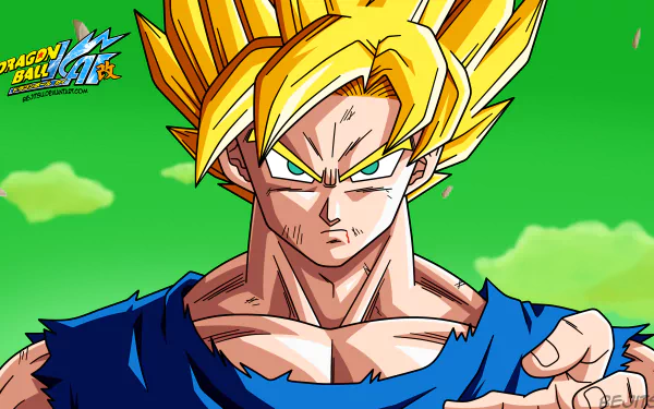 Super Saiyan Goku from Dragon Ball Z Kai, showcasing his iconic yellow hair and intense gaze, set against a vibrant green background in this HD desktop wallpaper.